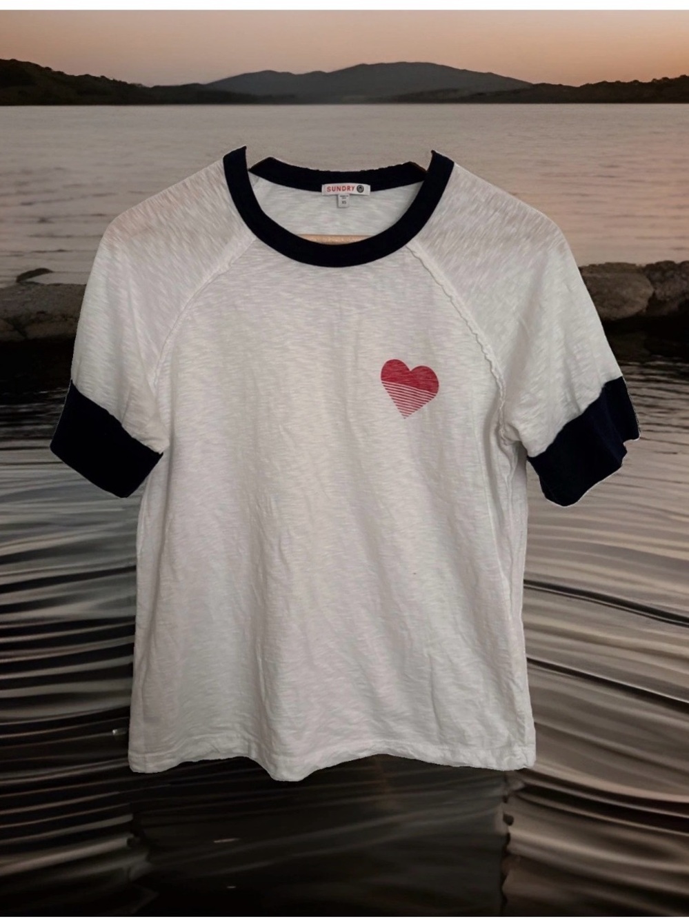 Sundry White Tee with Navy Trim and Red Heart Chest 1035CL